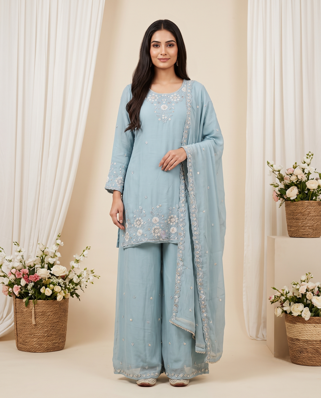 Women's Powder Blue Embroidered Kurta Set with Bottom & Dupatta