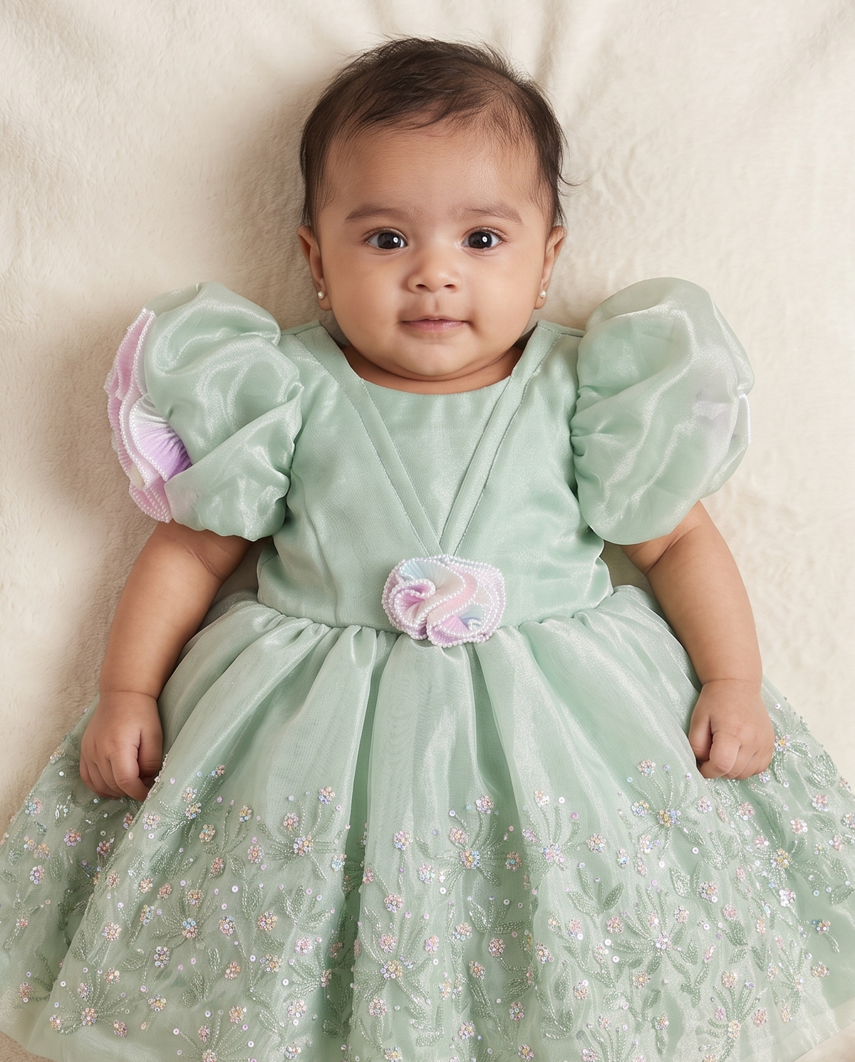 Baby Girls' Mint Green Sequin Thread Work Organza Dress