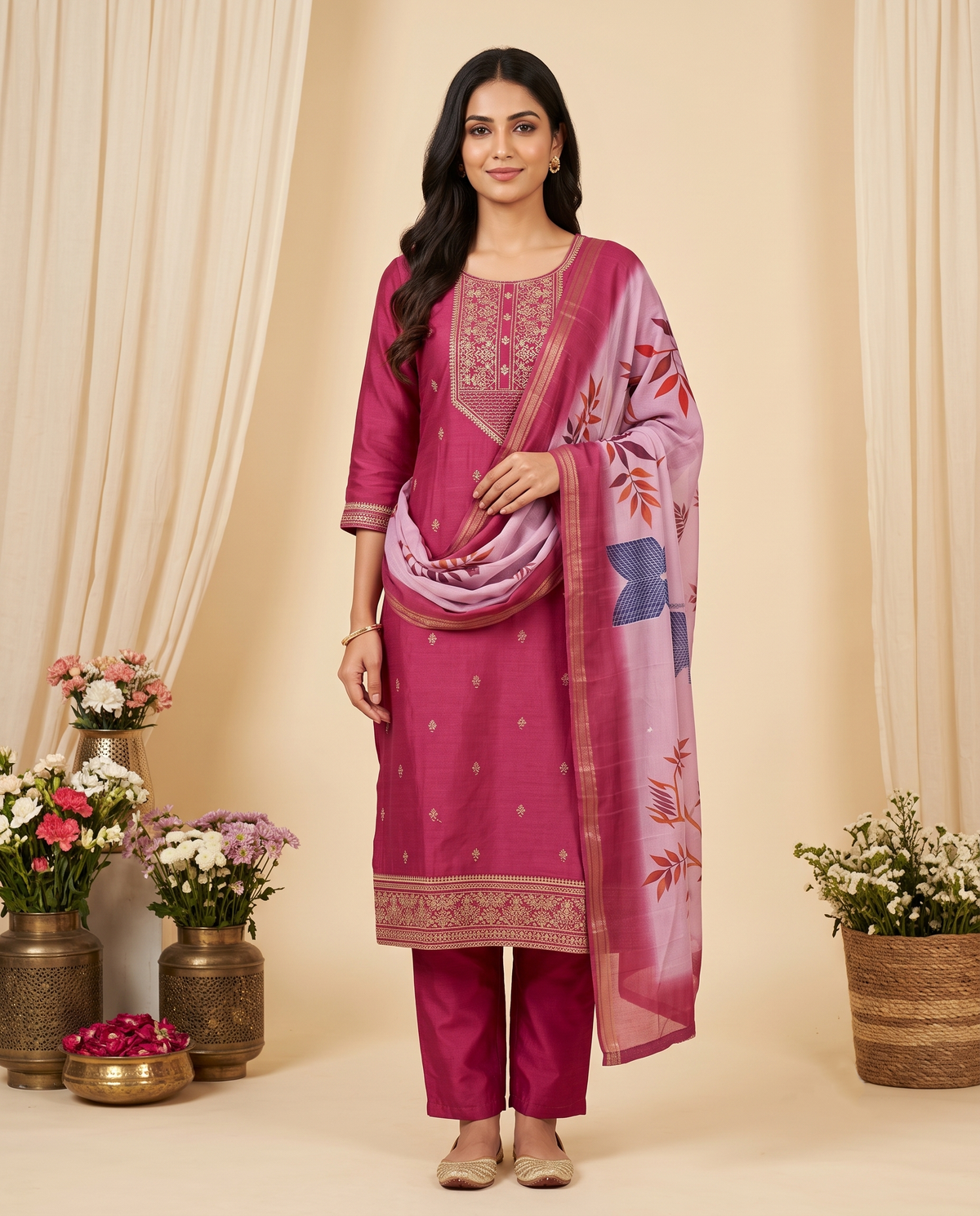 Women's Rose Pink Embroidered Kurta Set with Contrast Shawl