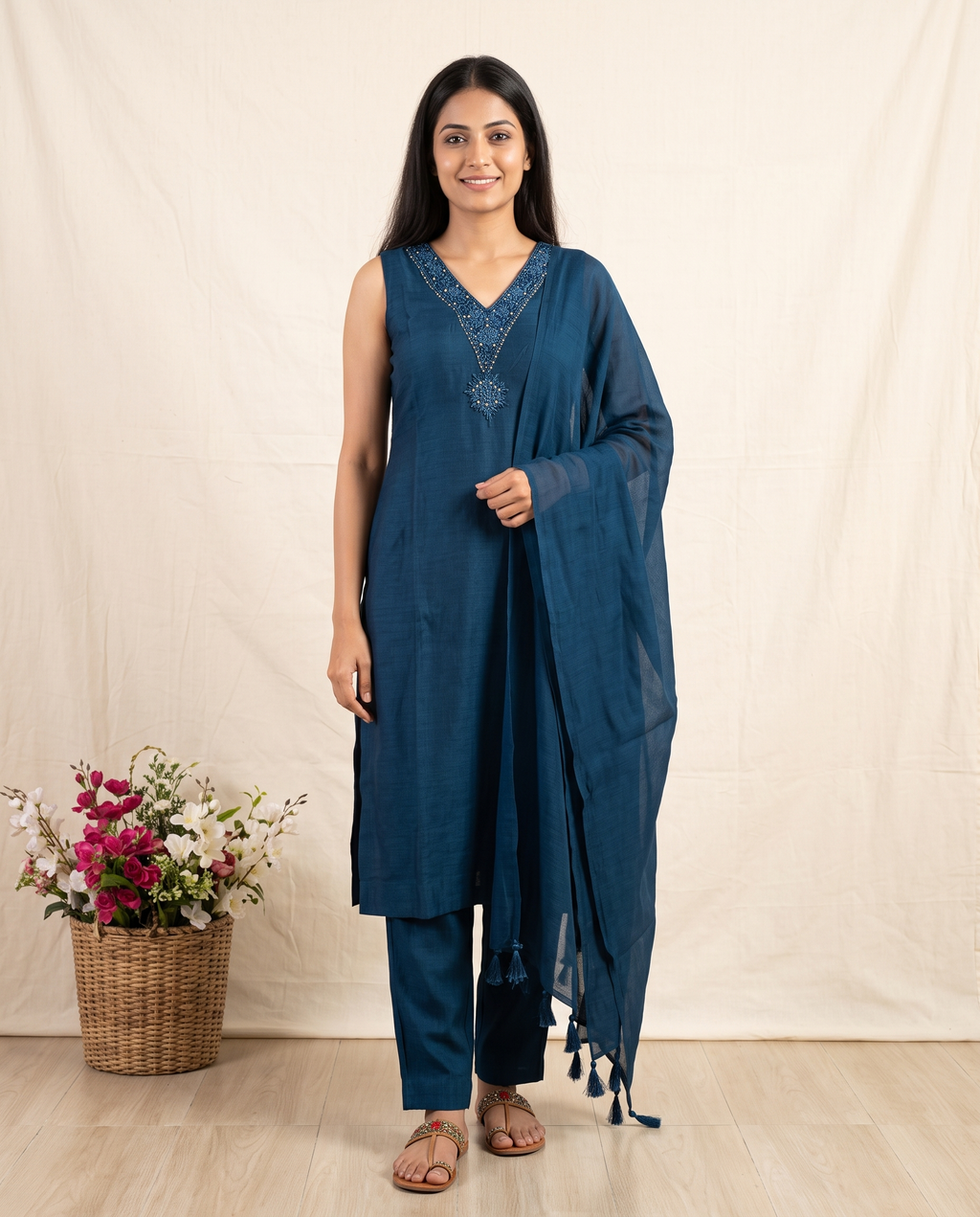 Women's Teal Blue Embroidered Kurta Set with Dupatta