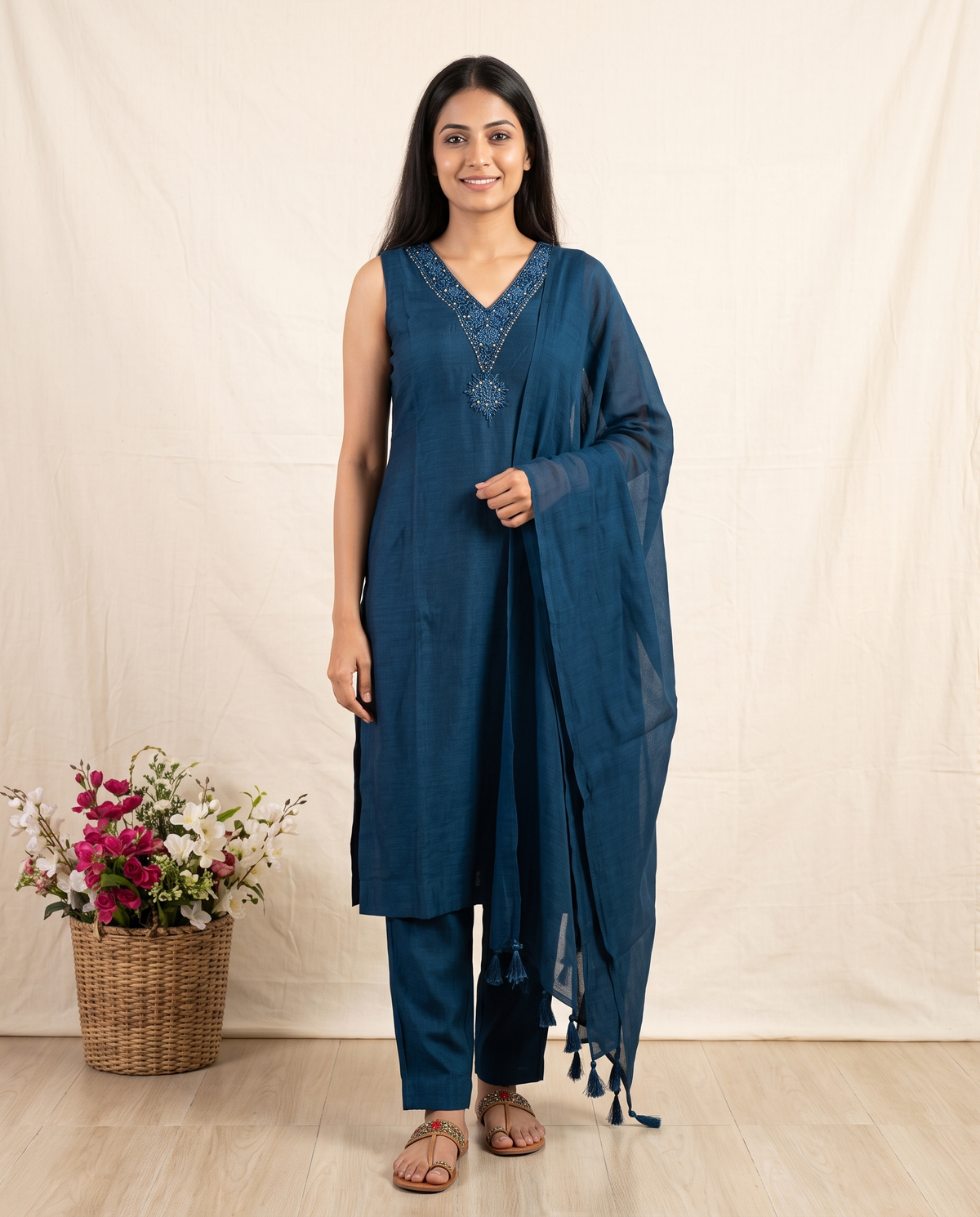 Women's Teal Blue Embroidered Kurta Set with Dupatta