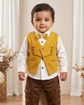 Boys Mustard & White 3-Piece Party Set – Shirt, Waistcoat & Cargo Pants
