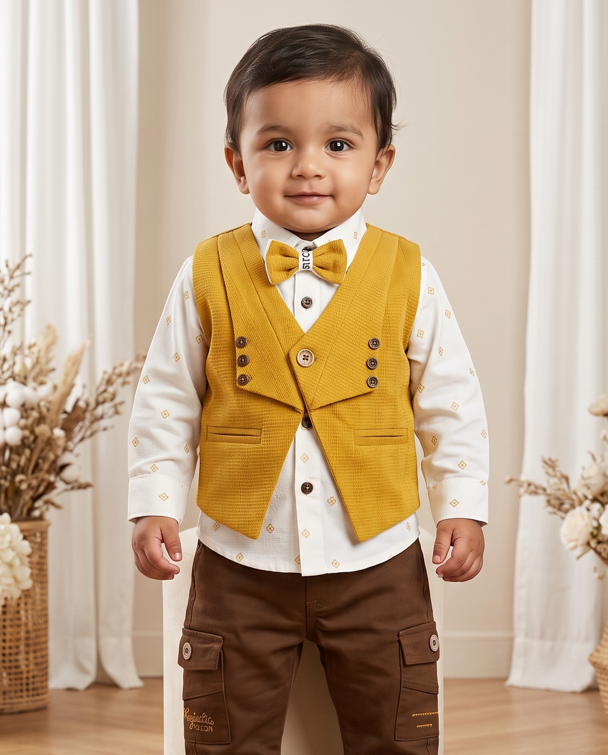 Boys Mustard & White 3-Piece Party Set – Shirt, Waistcoat & Cargo Pants
