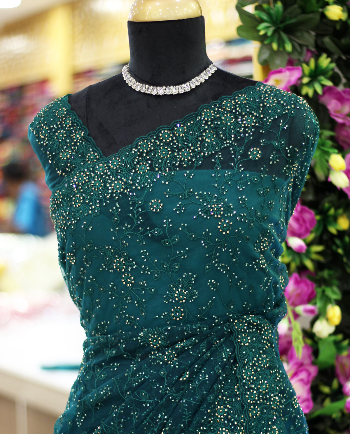 Rama Green Net Fancy Saree with Thread & Stone Work | Stone Threadwork Blouse