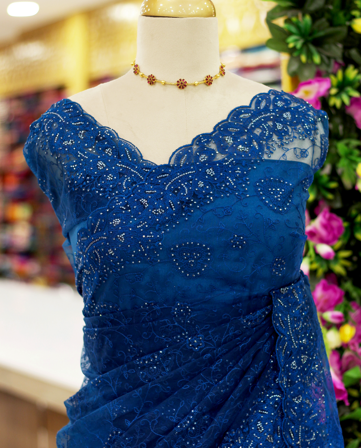 Royal Blue Net Fancy Saree with Thread & Stone Work | Stone Threadwork Blouse