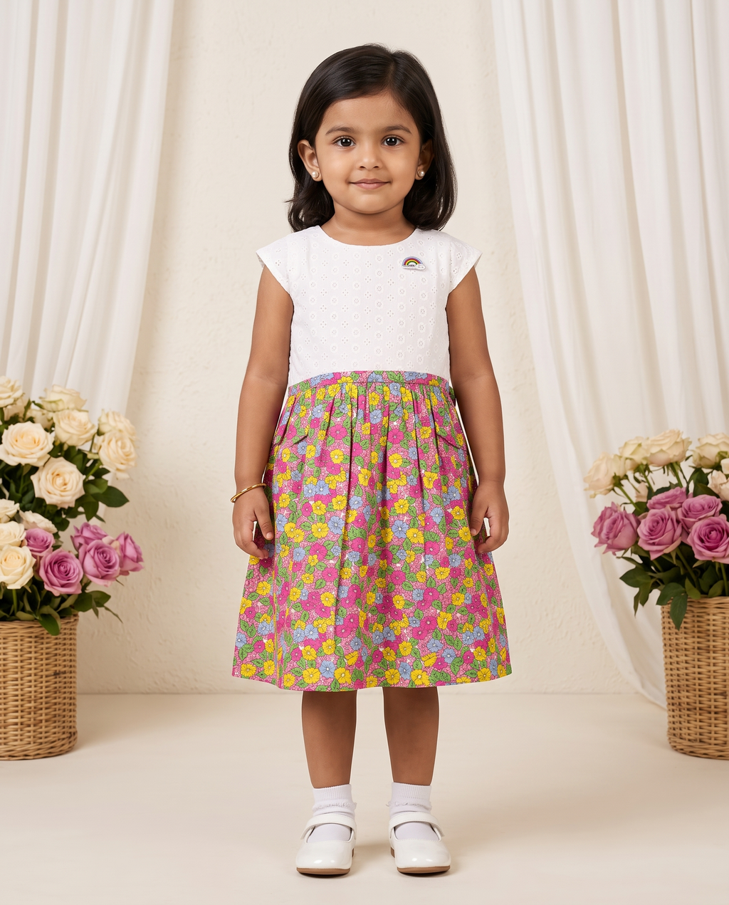 Girls White Schiffli & Floral Print Dress