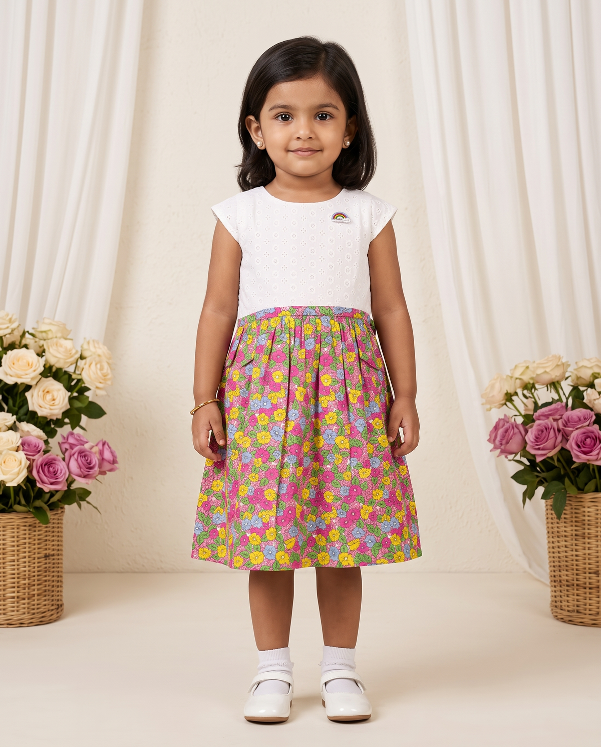 Girls White Schiffli & Floral Print Dress