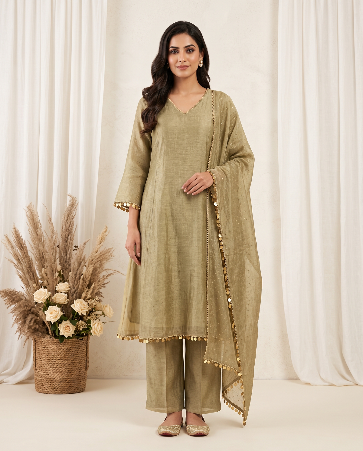 Women's Sage Green Crushed Organza Kurta Set with Dupatta