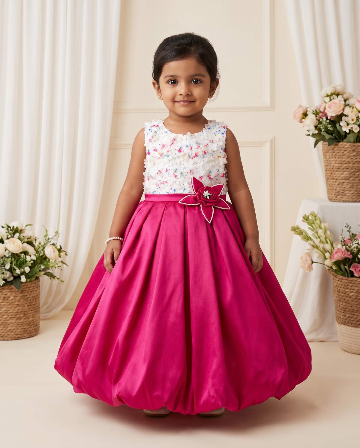 Girls Floral Appliqué & Magenta Bubble Gown