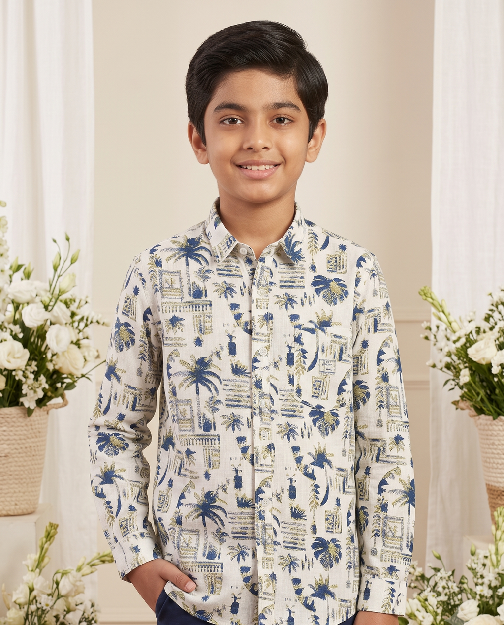Boys Tropical Print Full-Sleeve Shirt | Off-White