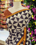 Black & White Semi Chanderi Saree | Triangle Block Print & Metallic Gold Border