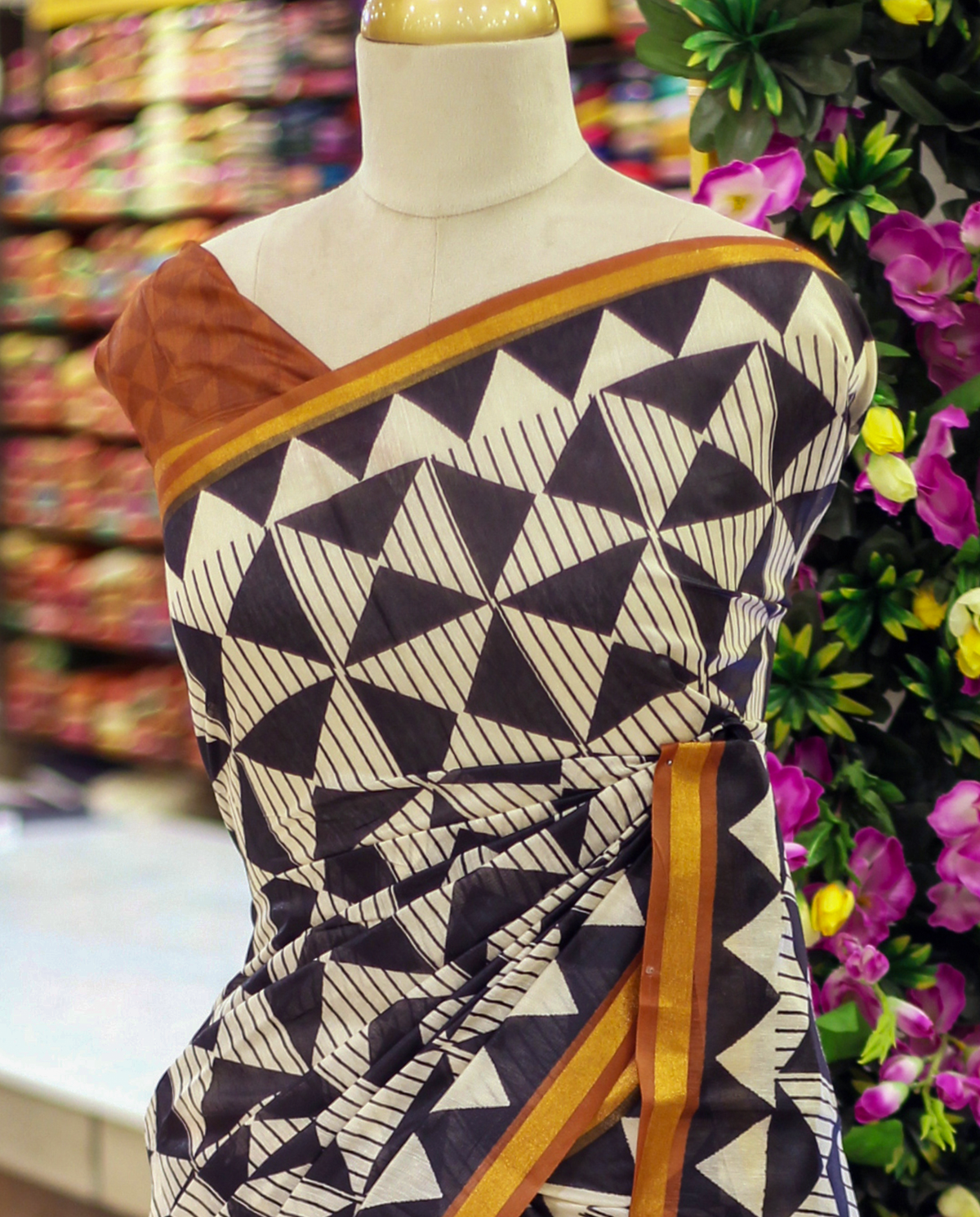 Black & White Semi Chanderi Saree | Triangle Block Print & Metallic Gold Border