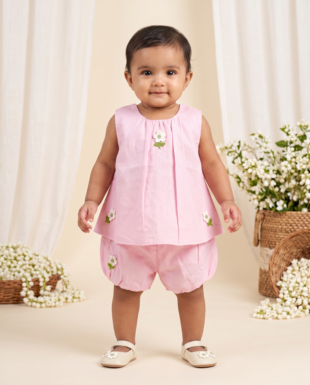 Infant Girls' Pink Cotton Top & Bloomer Set with Floral Applique