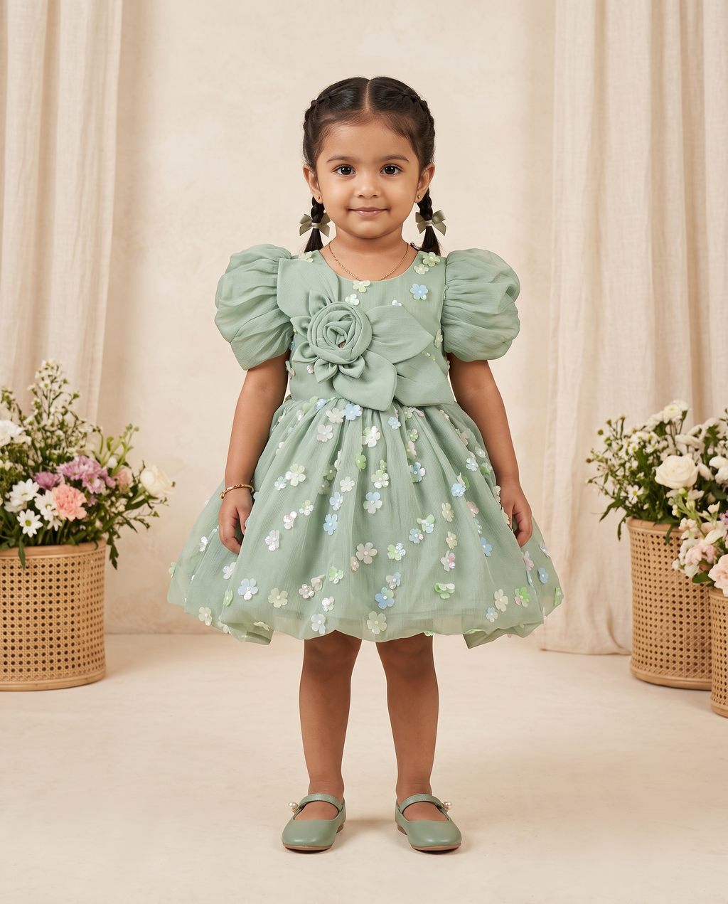 Girls Sage Green Puff Sleeve Floral Sequin Party Dress