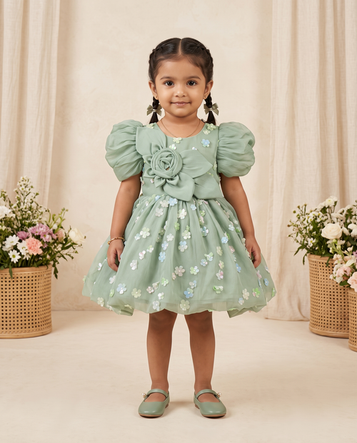 Girls Sage Green Puff Sleeve Floral Sequin Party Dress