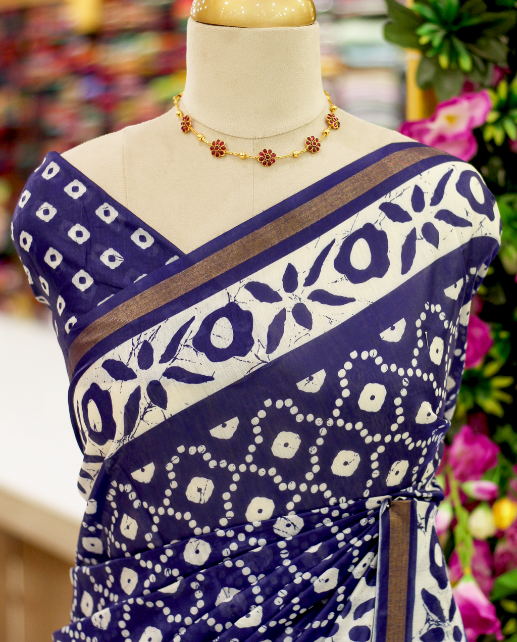 Navy Blue Semi Chanderi Bandhini Print Saree | Floral Border with Gold Zari