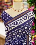 Navy Blue Semi Chanderi Bandhini Print Saree | Floral Border with Gold Zari