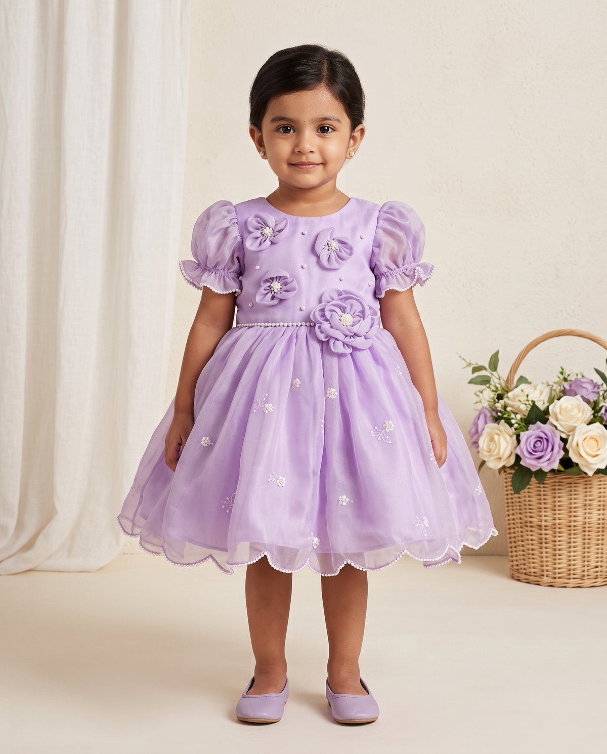 Lavender 3D Floral Organza Dress for Girls