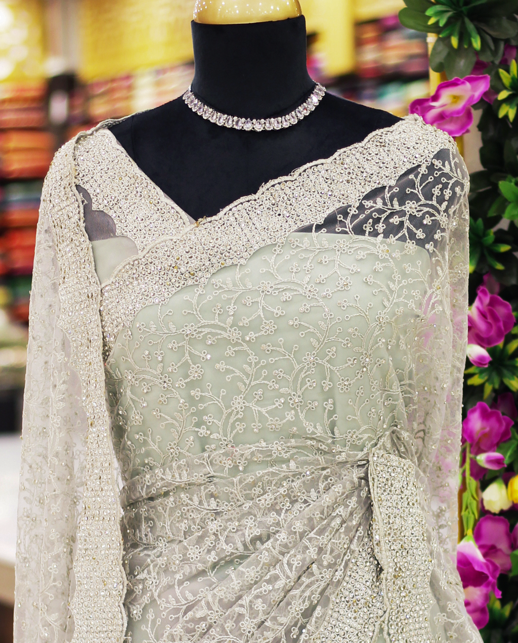 Silver Off-White Net Fancy Saree with Thread & Stone Work | Embroidered Sleeve Border Blouse