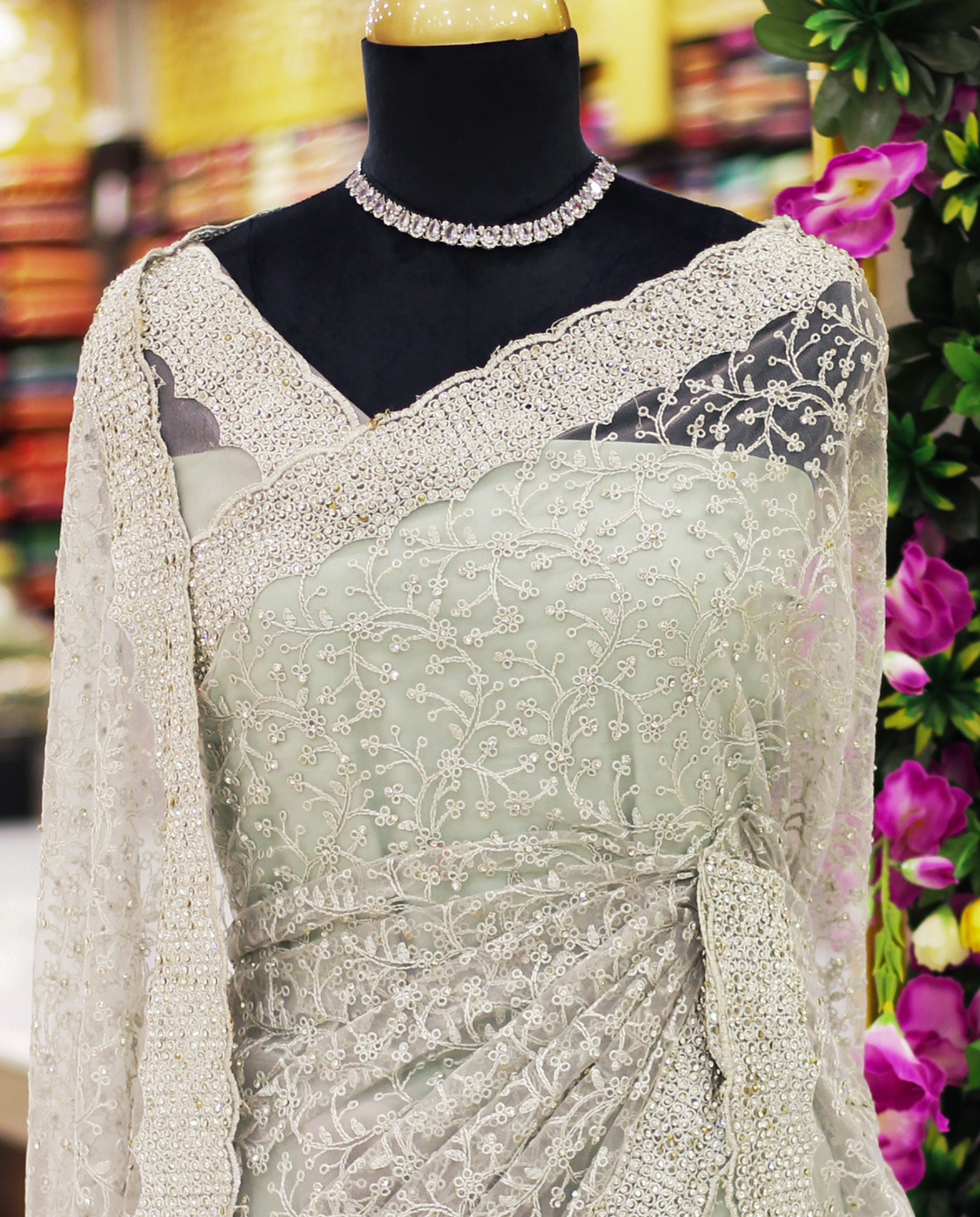 Silver Off-White Net Fancy Saree with Thread & Stone Work | Embroidered Sleeve Border Blouse