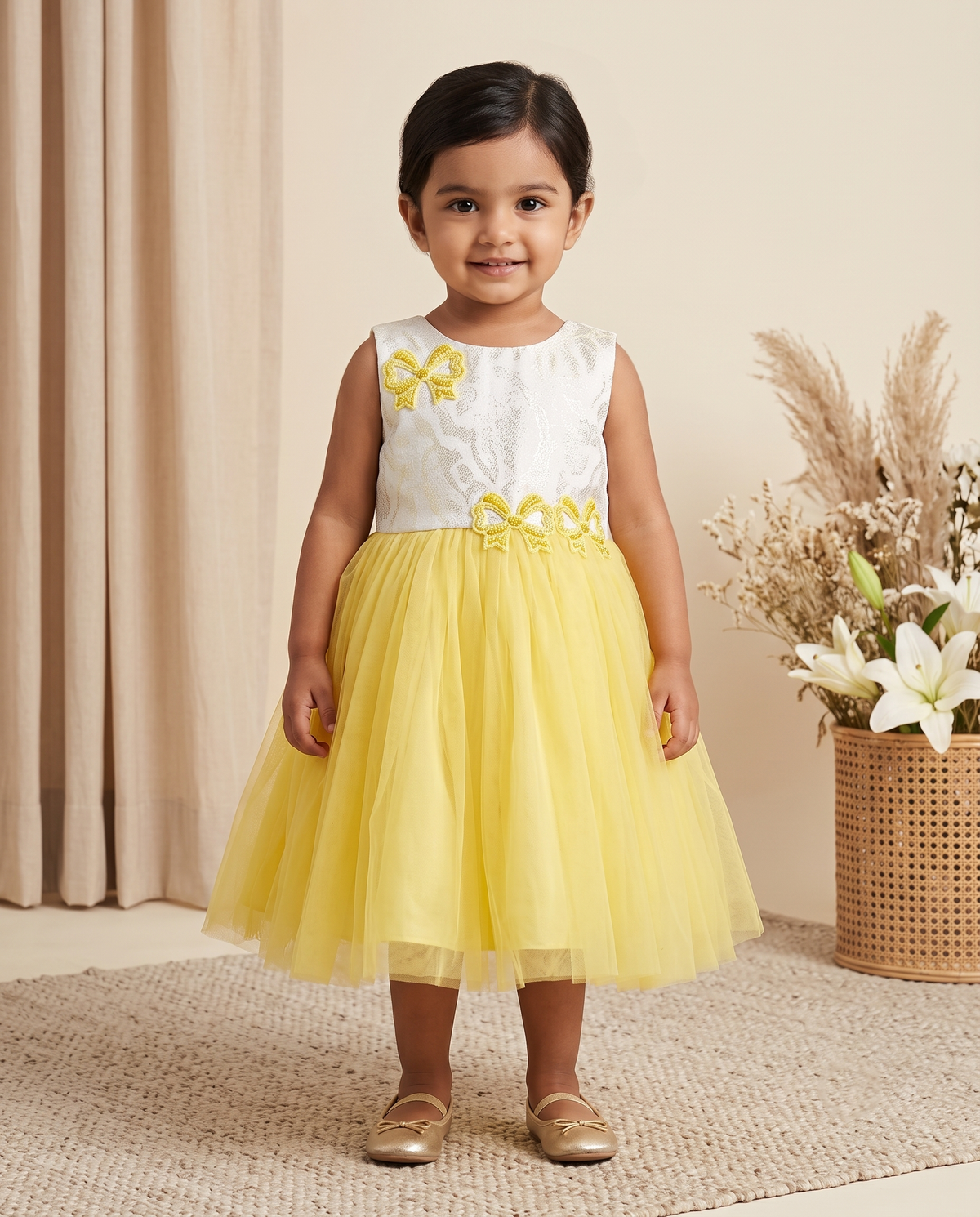 Infant Girls' White & Yellow Brocade Net Party Frock with Glitter & Pearl Bow