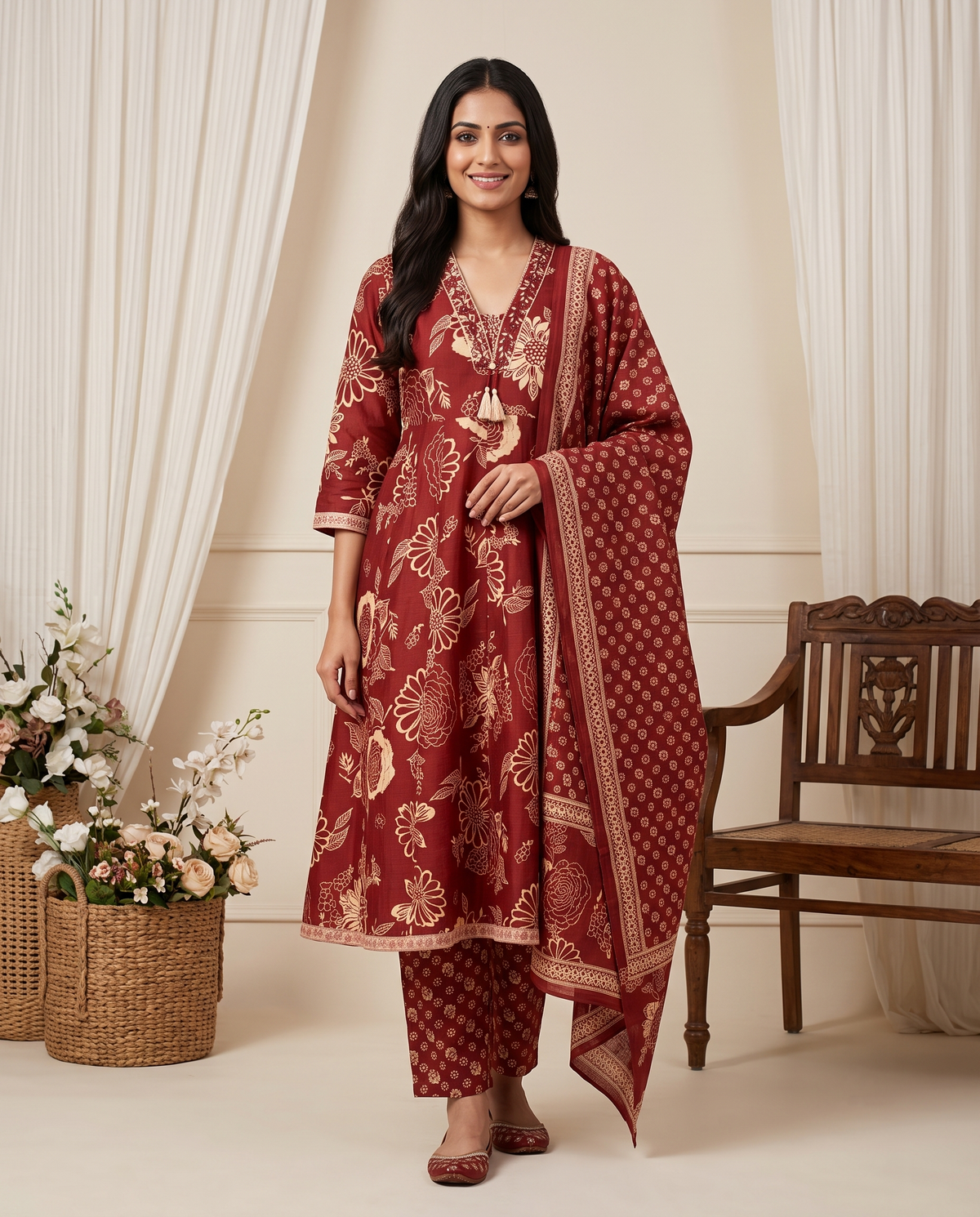 Women's Maroon Digital Floral Print Jaipur Cotton Kurta Set with Dupatta