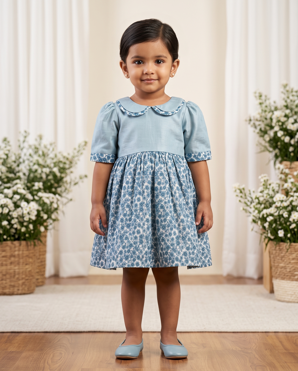 Powder Blue Floral Printed Girls Dress — Peter Pan Collar