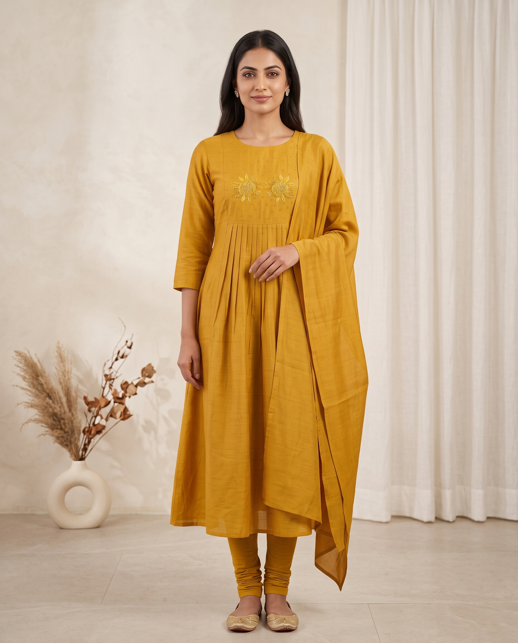 Women's Mustard Yellow Embroidered Anarkali Kurta Set with Churidar & Dupatta