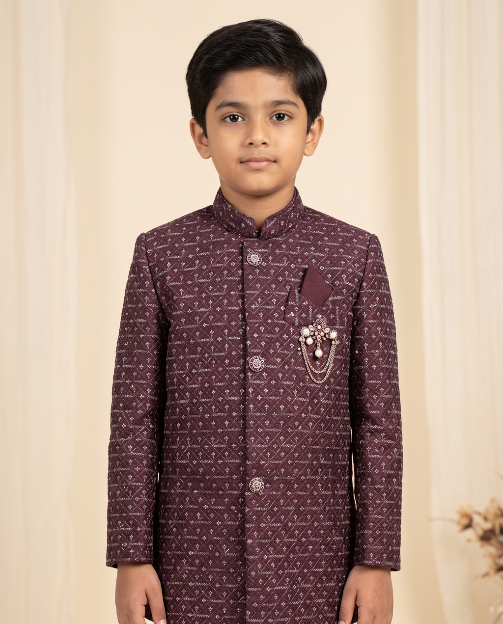 Boys' Wine Embroidered Sherwani Kurta