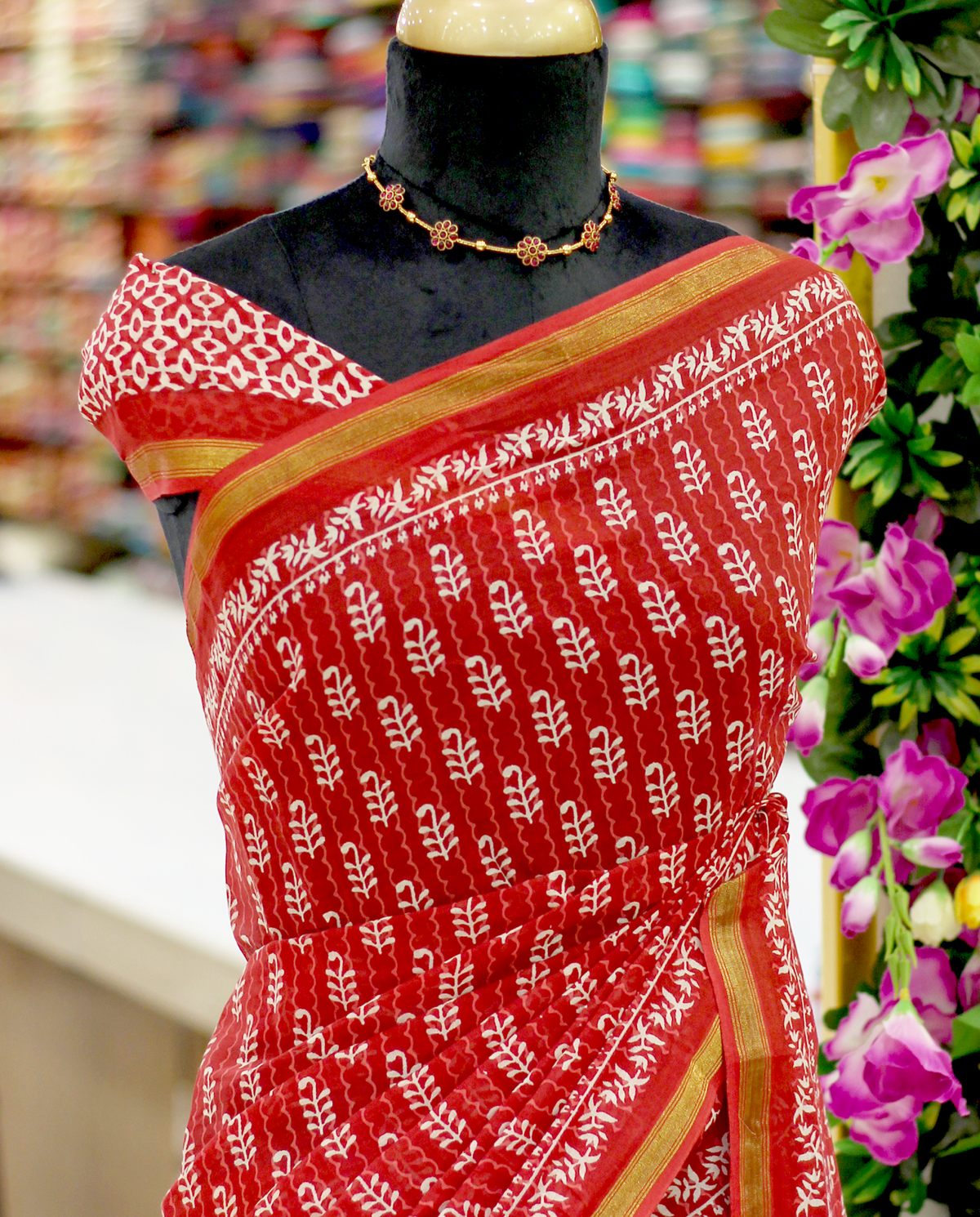 Red Cotton Hand Block Print Saree | Leaf Motif Print with Gold Zari Border