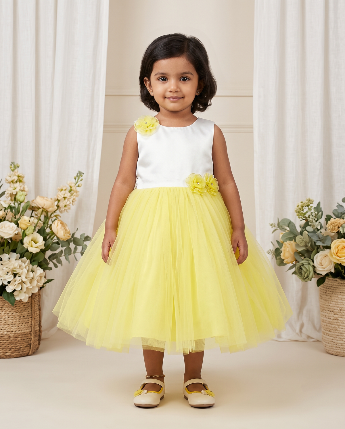 Girls White & Yellow Tulle Party Dress with Floral Appliqué