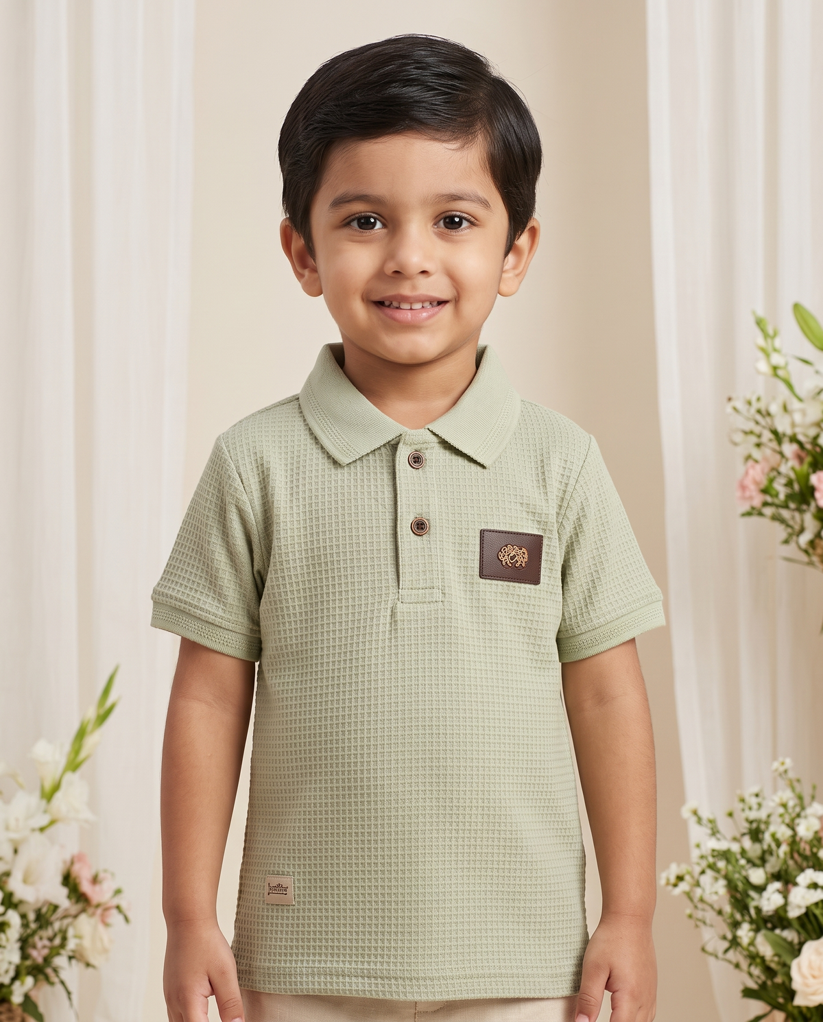 Boys Sage Green Waffle Textured Polo T-Shirt