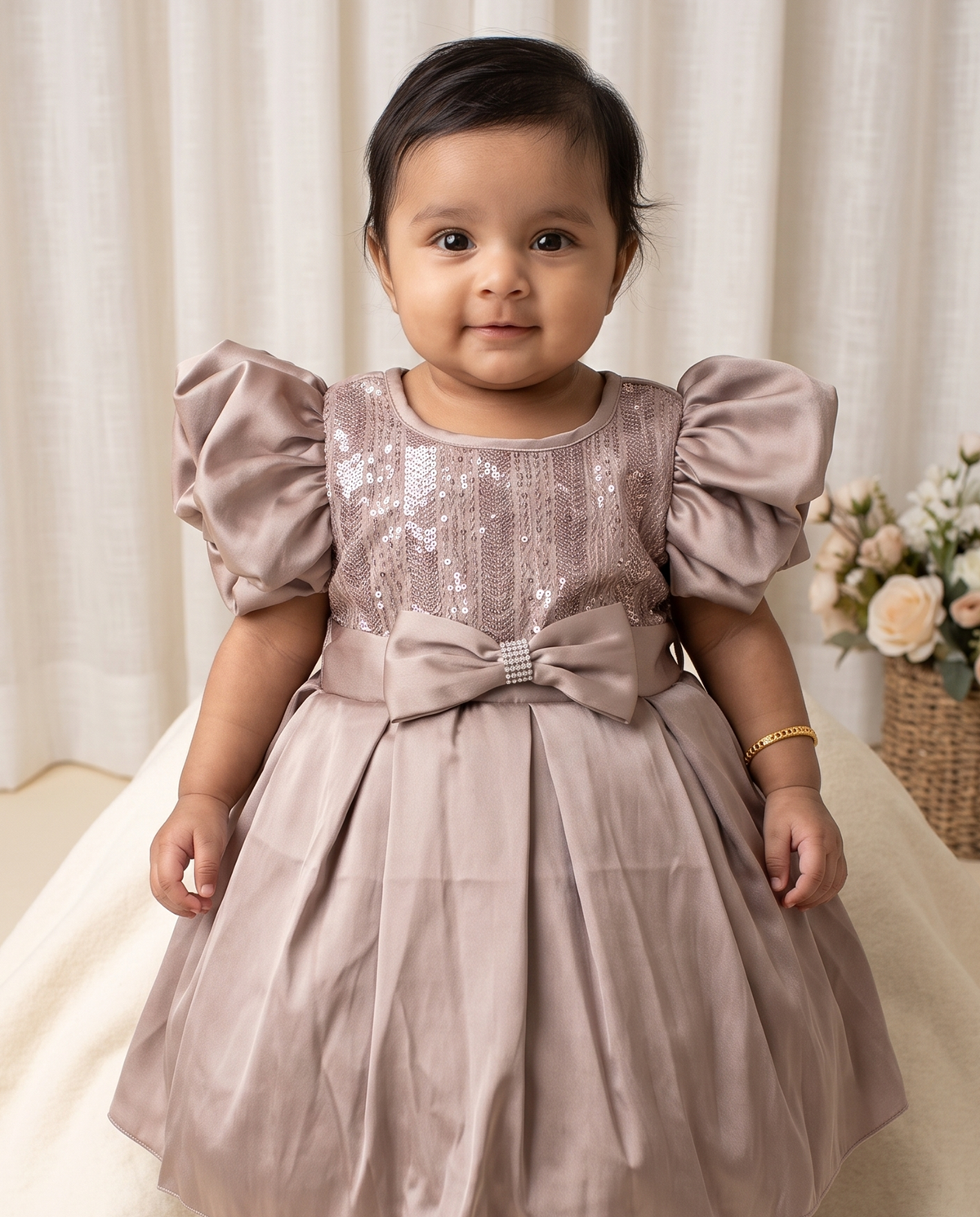 Baby Girls' Dusty Mauve Satin Sequin Thread Work Puff Sleeve Party Dress