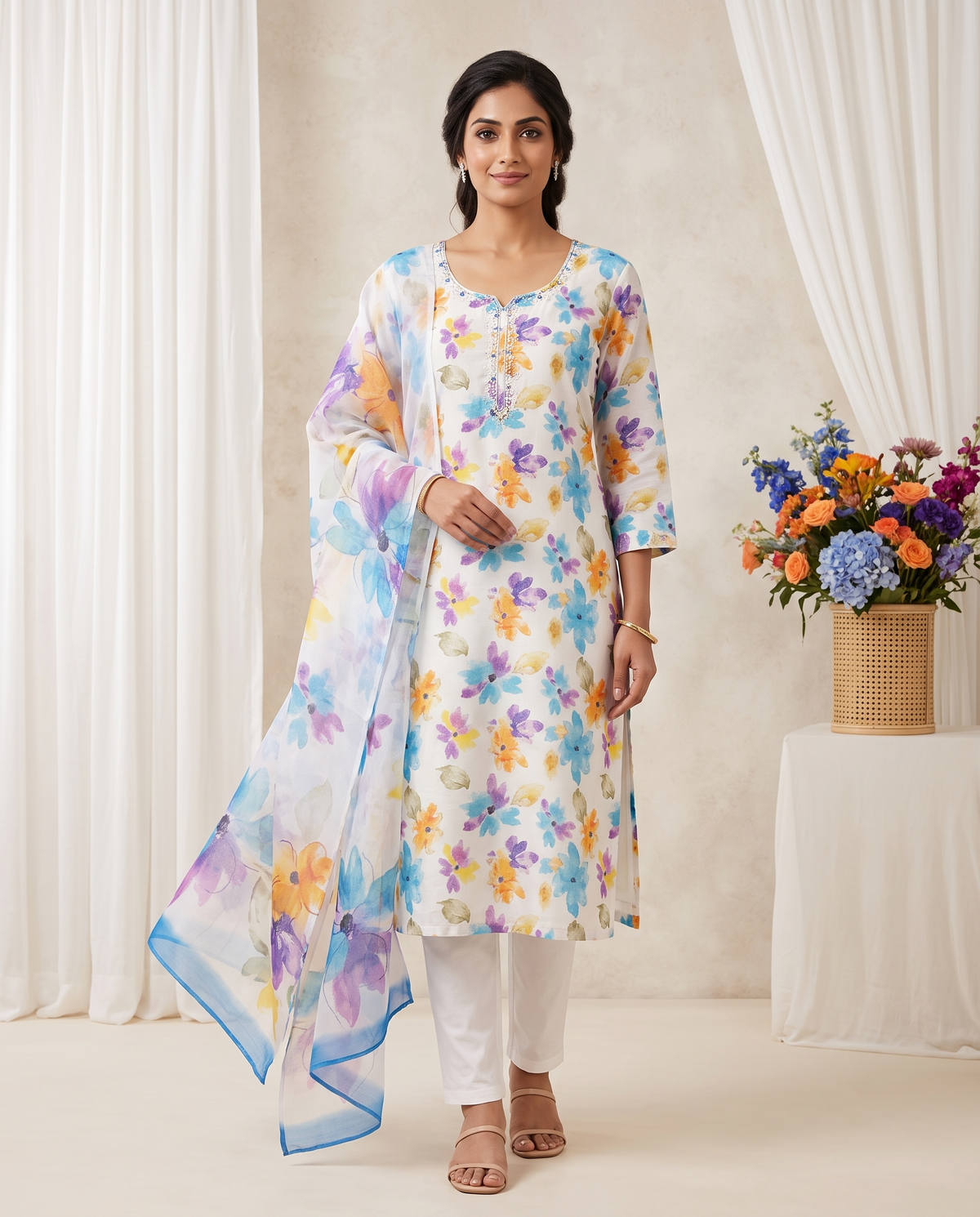 Women's White Pastel Floral Print Khadi Cotton Kurta Set with Dupatta
