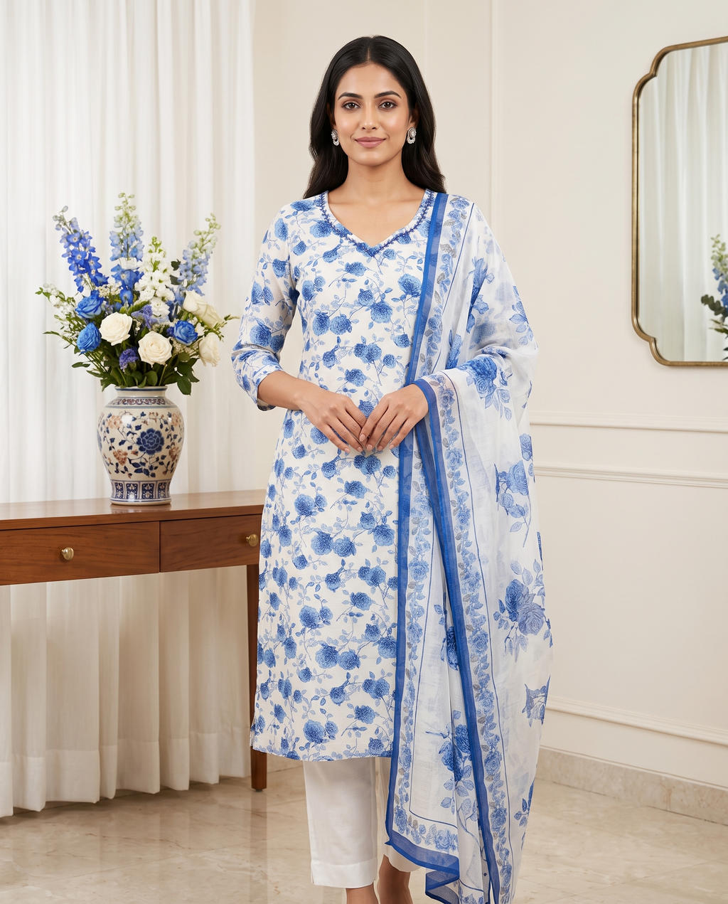 Women's White & Blue Floral Printed Kurta Set with Dupatta