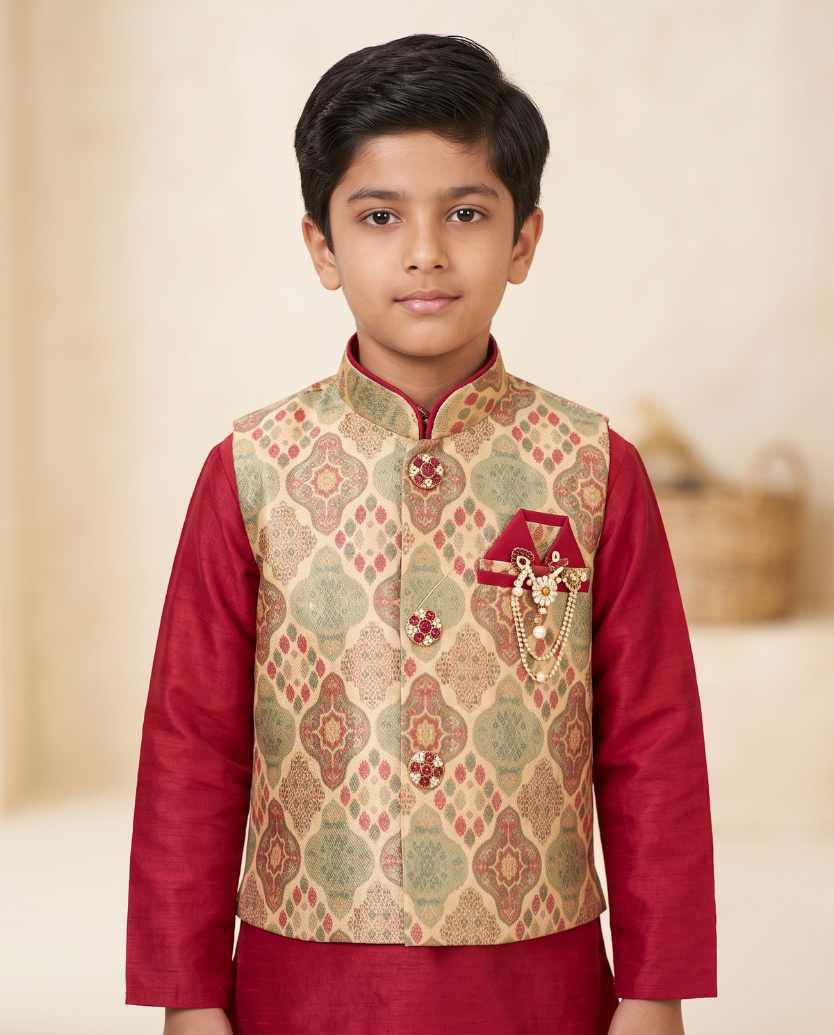 Boys' Maroon Kurta with Brocade Nehru Jacket & Churidar Set