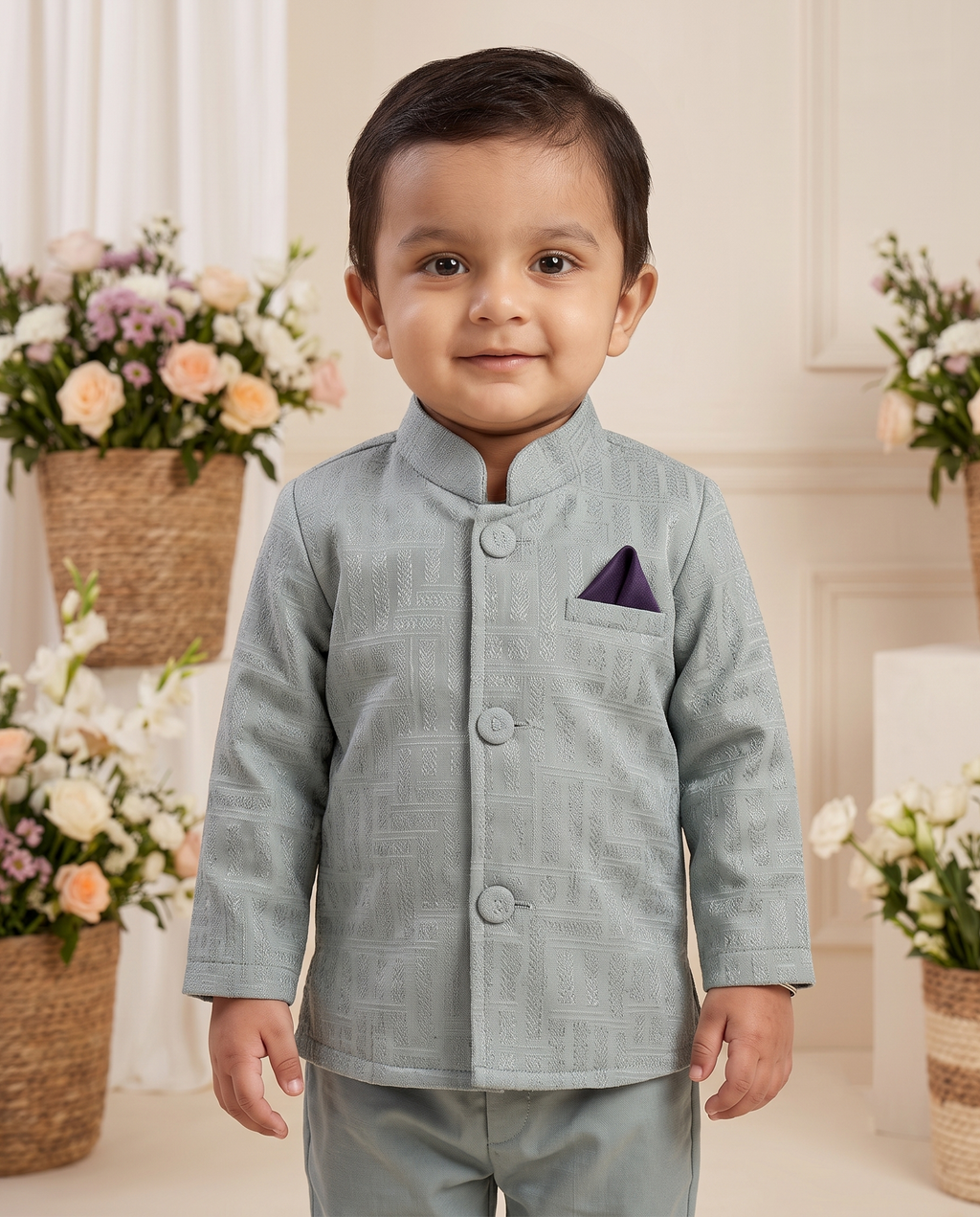 Boys Sage Green Self-Embroidered Nehru Jacket Set – Kids L