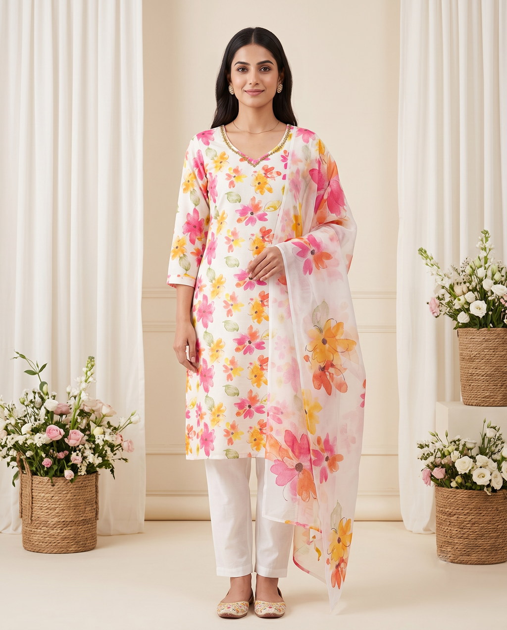 Women's White Multicolour Floral Print Khadi Cotton Kurta Set with Dupatta