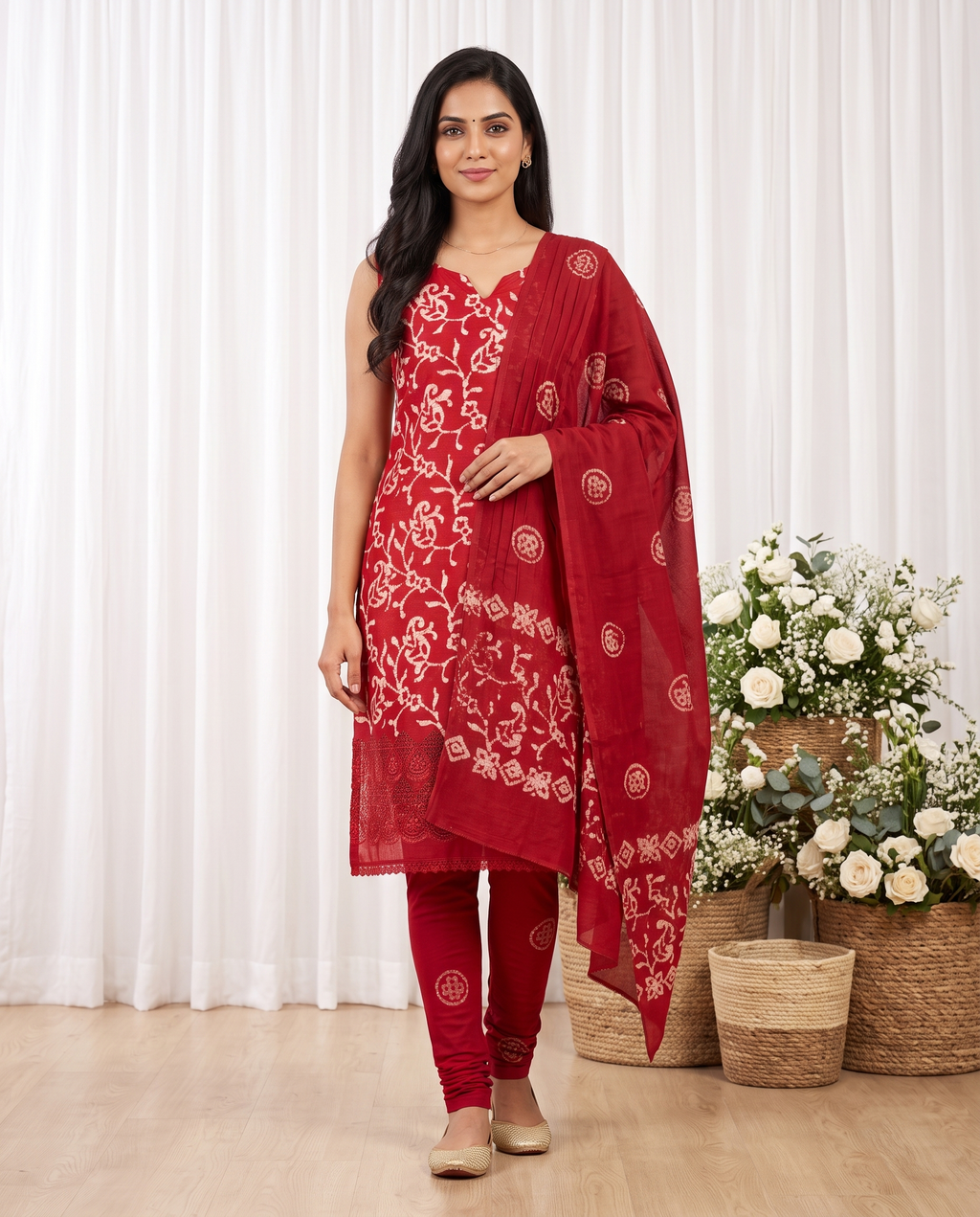 Women's Deep Red Bandhini Print Cotton Kurta Set with Dupatta