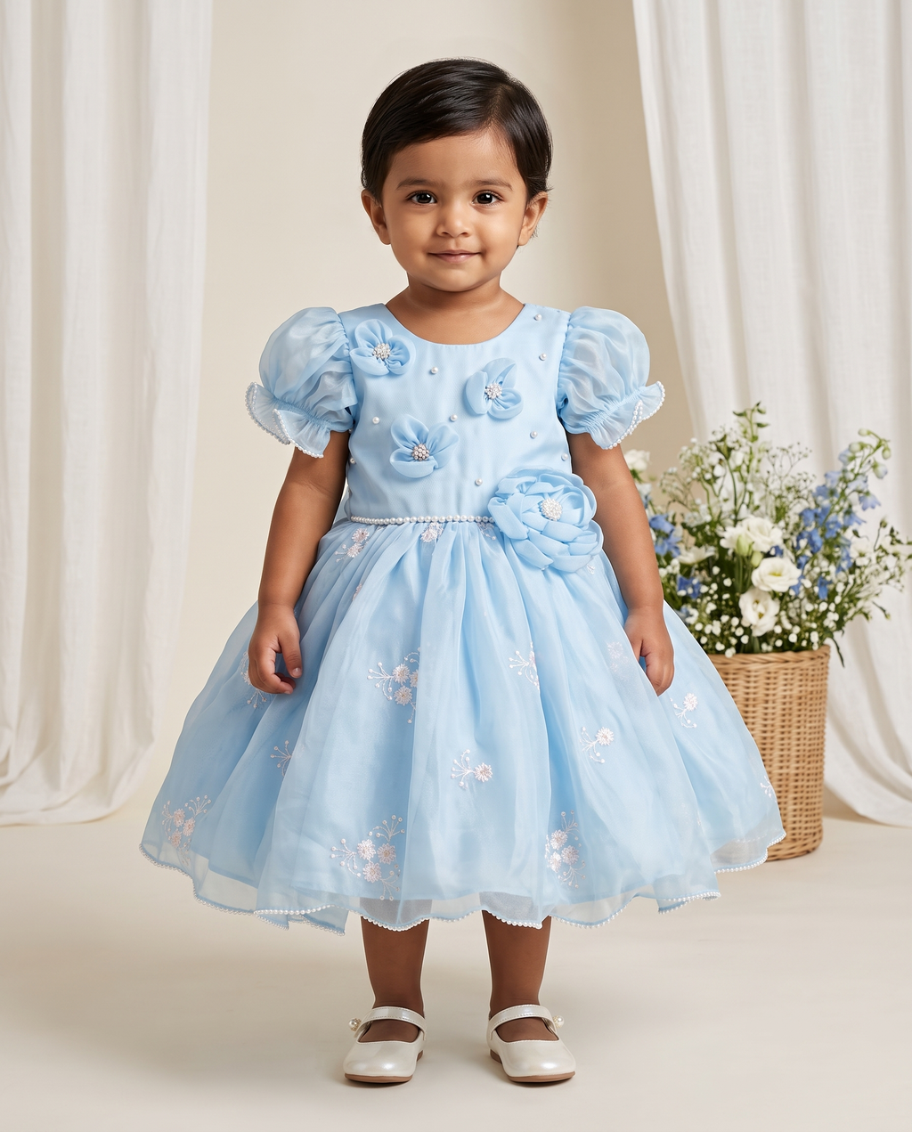 Girls Powder Blue Organza Party Dress with 3D Floral Appliqué & Pearl Embellishments