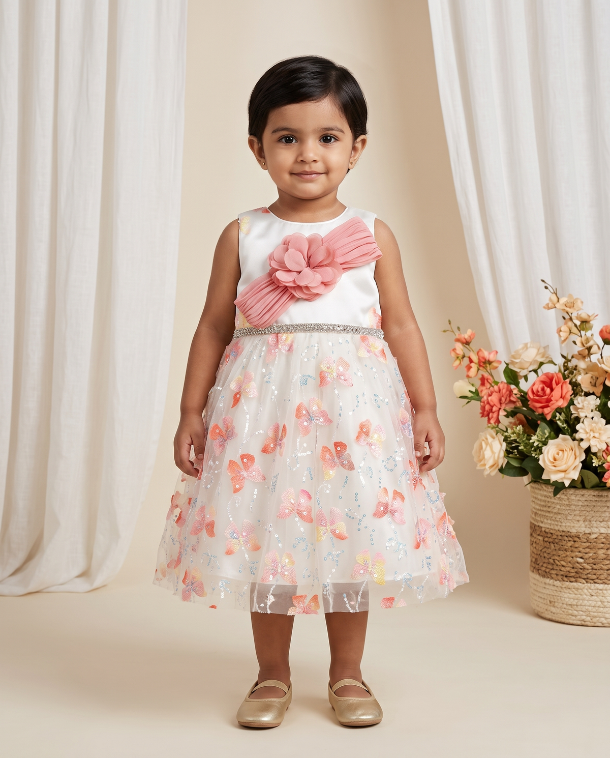Girls' White & Pink Net Sequin Frock with Organza Floral Detail
