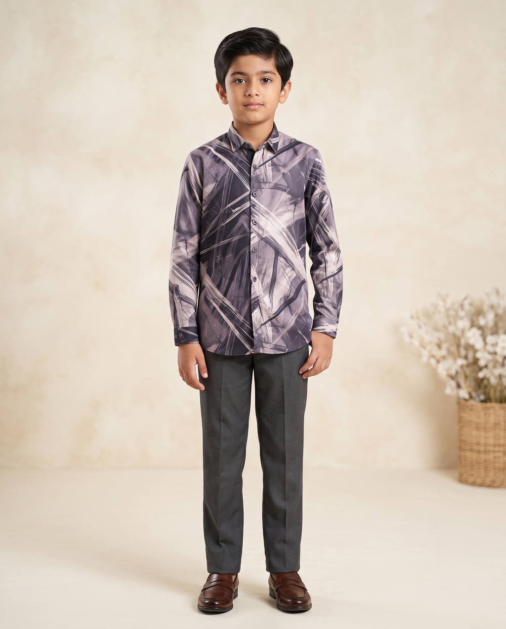 Boys Abstract Brushstroke Full-Sleeve Shirt | Grey