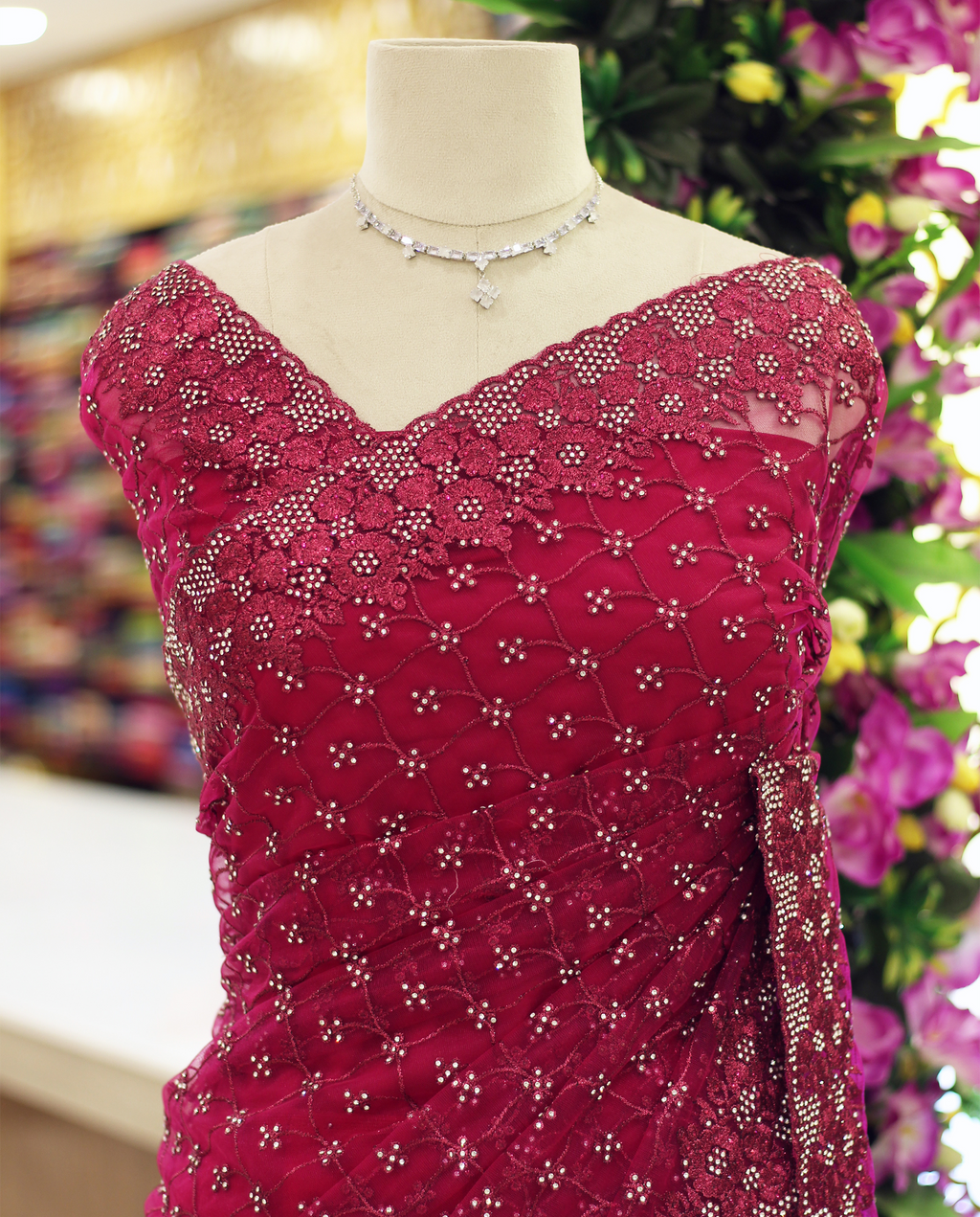 Rani Pink Net Fancy Saree with Thread & Stone Work | Stone Threadwork Blouse