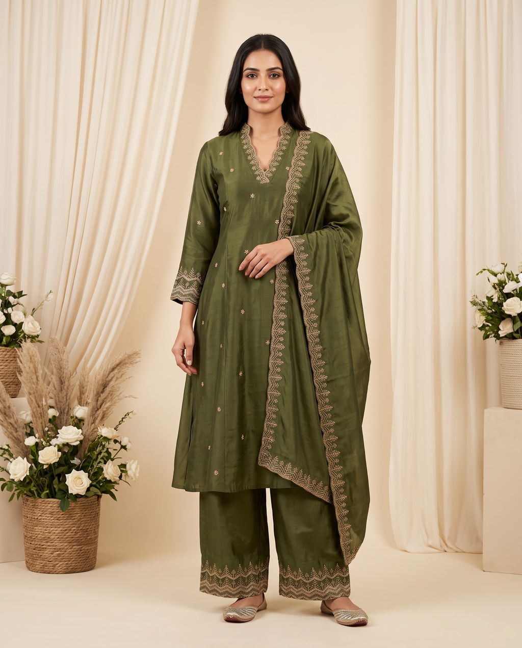 Women's Olive Green Crushed Organza Embroidered Kurta Set with Dupatta