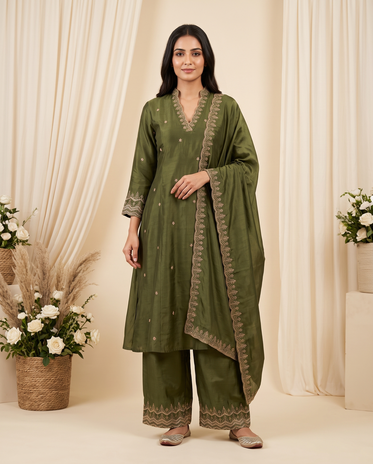 Women's Olive Green Crushed Organza Embroidered Kurta Set with Dupatta