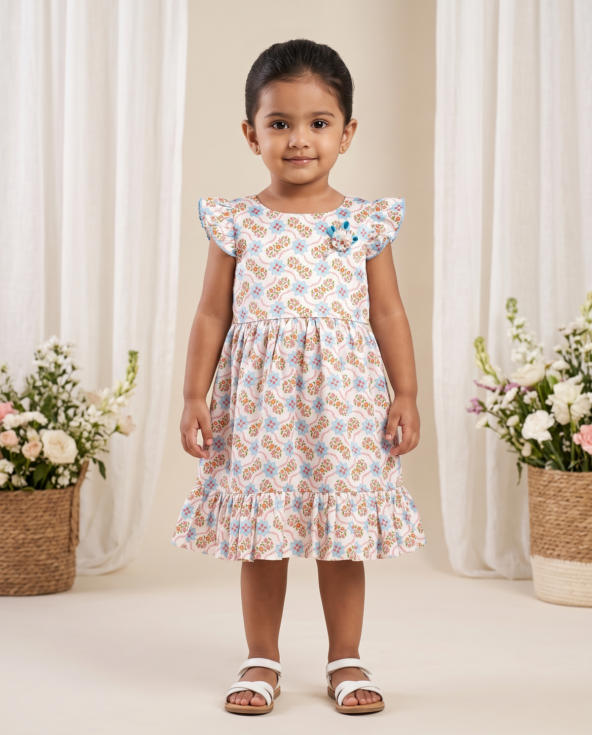 Girls Floral Block Print Flutter Sleeve Dress