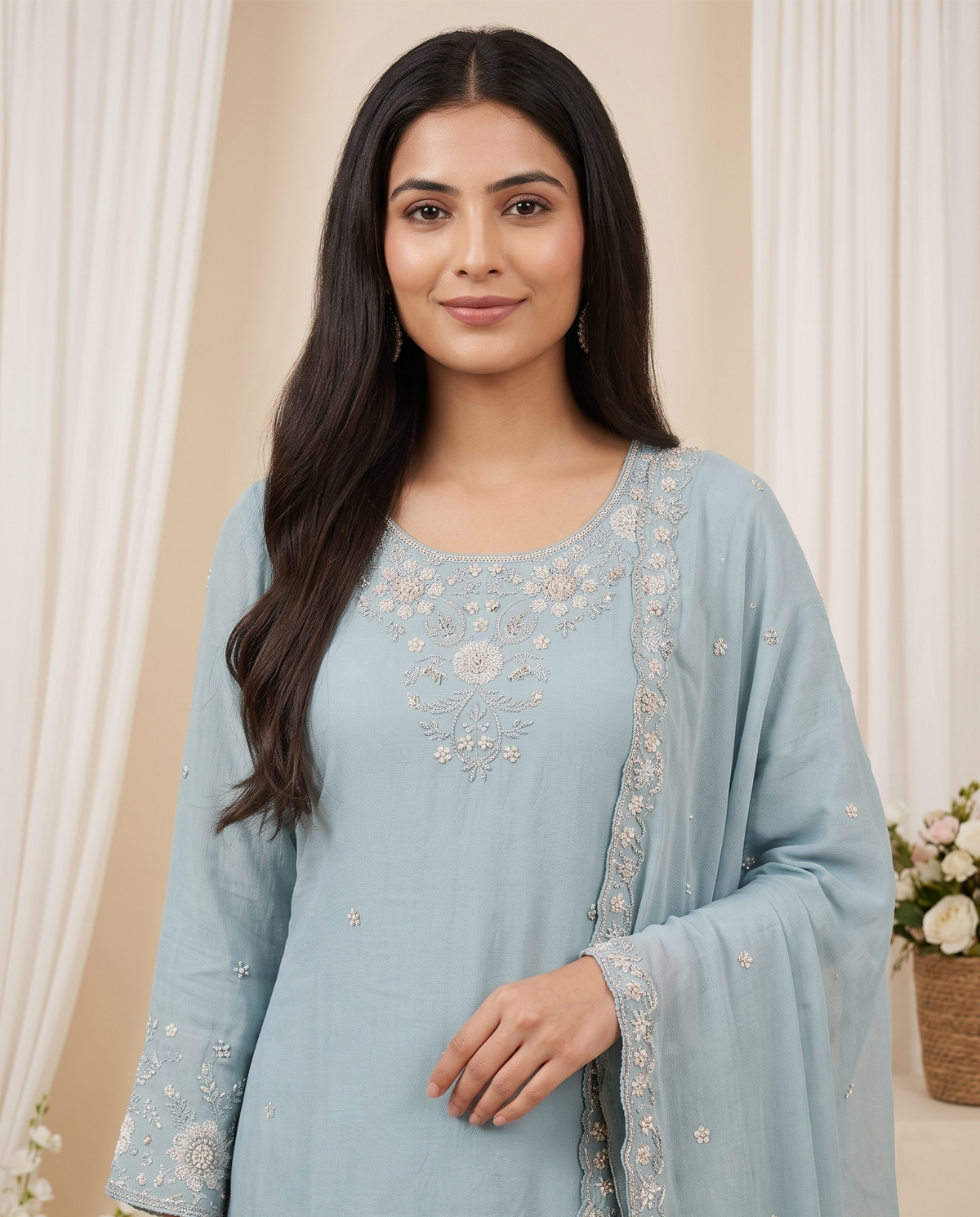 Women's Powder Blue Embroidered Kurta Set with Bottom & Dupatta