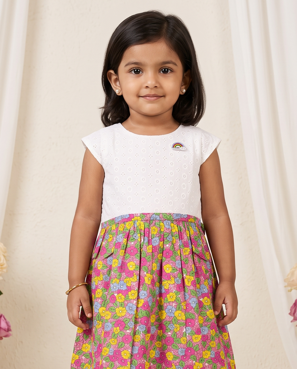 Girls White Schiffli & Floral Print Dress
