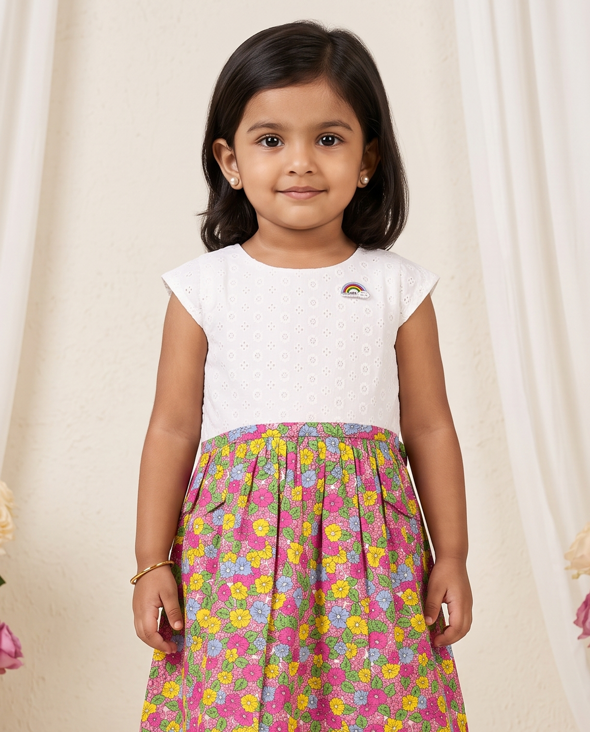 Girls White Schiffli & Floral Print Dress