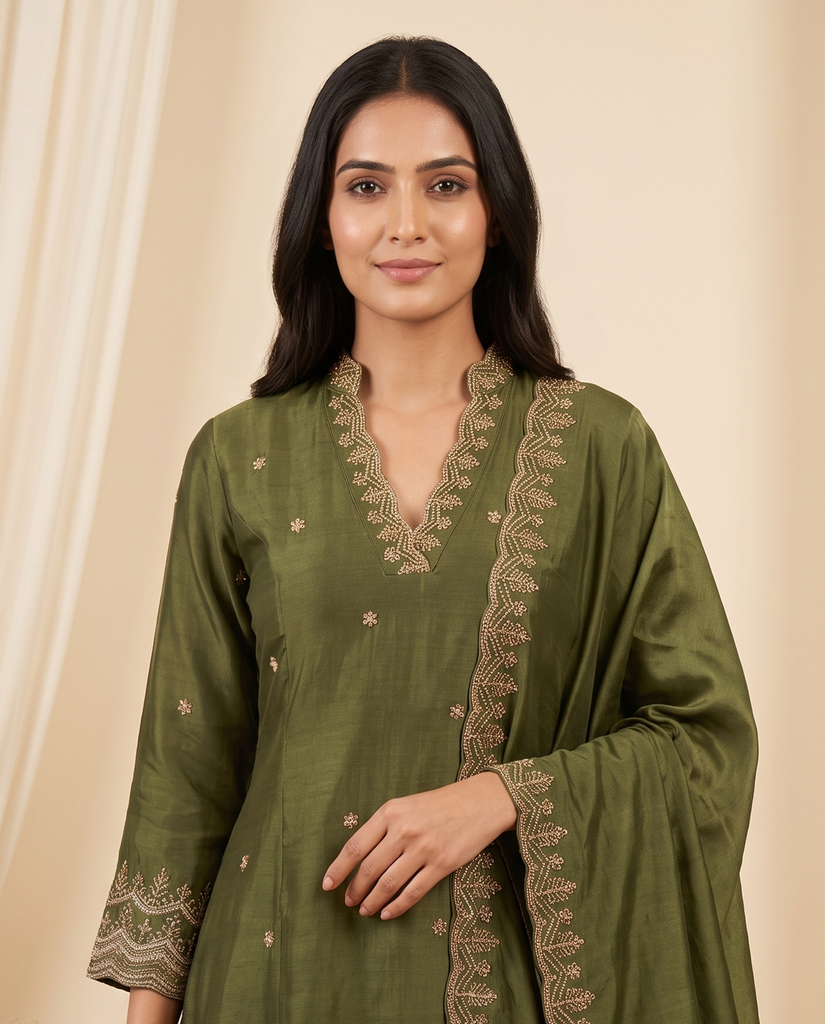 Women's Olive Green Crushed Organza Embroidered Kurta Set with Dupatta